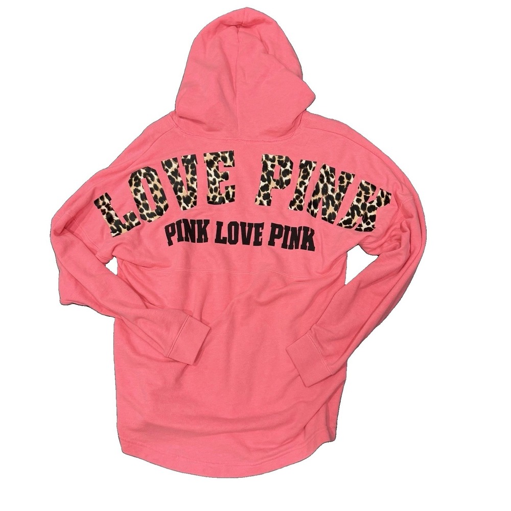 Victoria’s Secret PINK Hoodie Womens M Coral Pink Leopard Love Pink Pullover